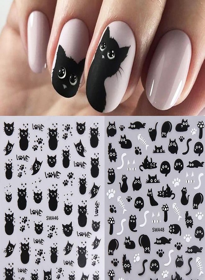 GRITOSE 6 Sheets Black Cat Nail Art Stickers Cute Animal Nail Stickers for Nail Art 3D Self-Adhesive Nail Decals Cute Funny Black Cat Sticker Design Holiday Nail Supplies for Women - Image 2